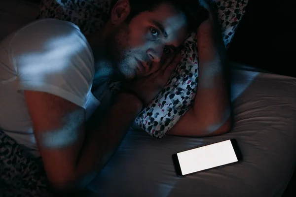 Young Man Using Smartphone Bed Night — Stock Photo, Image