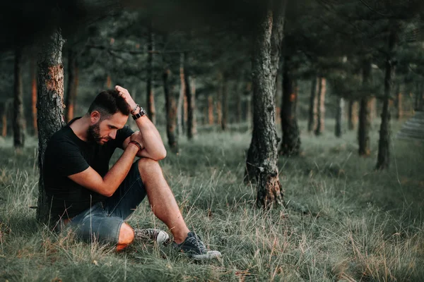 Young Depressed Man Sitting Alone Forest — Stock Photo, Image