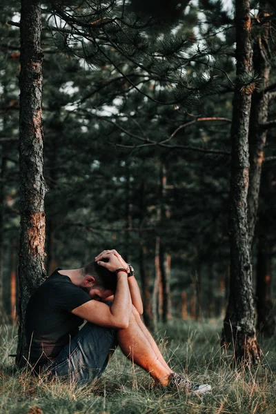 Young Depressed Man Sitting Alone Forest — Stock Photo, Image