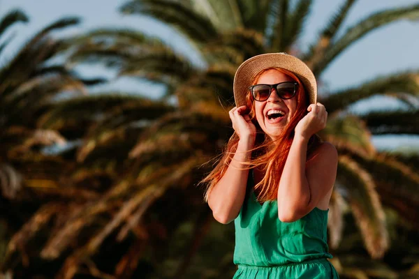 Young Woman Having Fun Wind Palm Trees — Stock Photo, Image