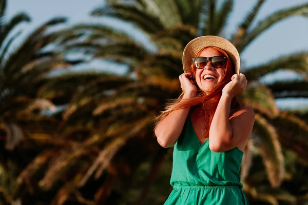 Young Woman Having Fun Wind Palm Trees — Stock Photo, Image