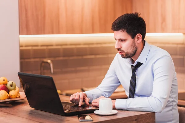 Ung Affärsman Arbetar Bärbar Dator Hemma — Stockfoto