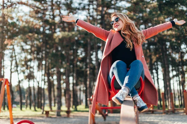 Young Happy Woman Having Fun Seesaw Playground — Stock Photo, Image