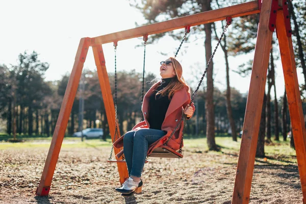 Young Happy Woman Having Fun Swing Playground — Stock Photo, Image