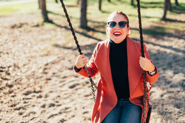 Young Happy Woman Having Fun Swing Playground — Stock Photo, Image