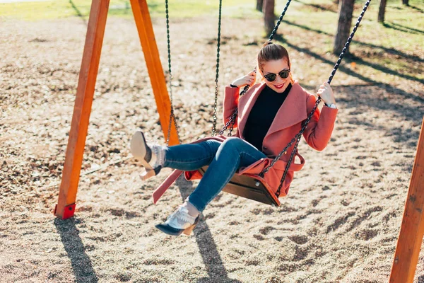 Young Happy Woman Having Fun Swing Playground — Stock Photo, Image