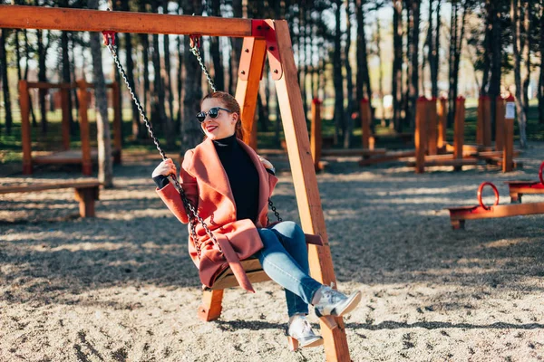 Young Happy Woman Having Fun Swing Playground — Stock Photo, Image