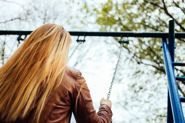 Young Woman Swing Low Angle View Sky — Stock Photo, Image