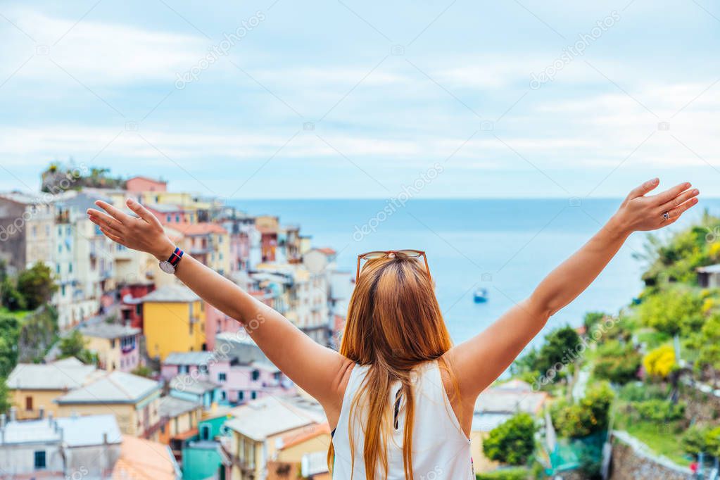 Young woman traveling through Europe, Cinque Terre, Italy