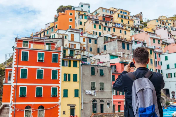Young Man Traveling Europe Taking Picture Cinque Terre Italy Royalty Free Stock Photos