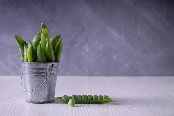 Bezelye kabuklarıyla dolu küçük bir kovayla taze yeşil bezelye kabuğu açtım. Beyaz ve gri arka planlar. Boşluğu kopyala.