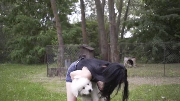 Hermosa Chica Juega Con Cachorro Perro Grande Naturaleza — Vídeos de Stock