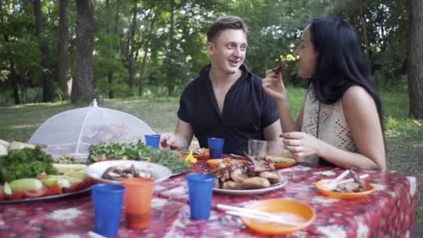 一个英俊的男人和一个漂亮的女孩在大自然中吃饭 互相嘲笑 — 图库视频影像