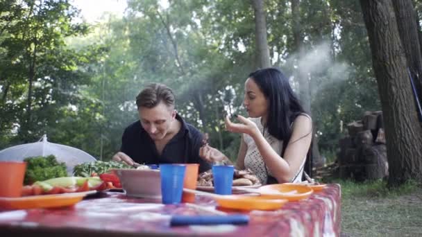 一个英俊的男人和一个漂亮的女孩在大自然中吃饭 互相嘲笑 — 图库视频影像