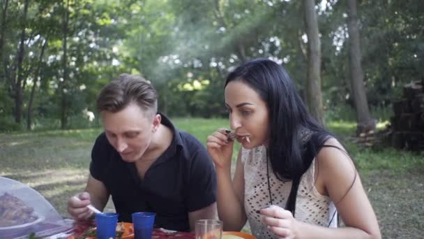 Przystojniak Piękna Dziewczyna Jedzą Naturze Śmieją Się Siebie — Wideo stockowe