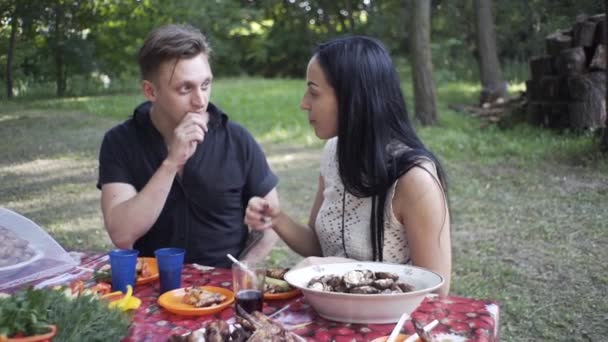 Een Knappe Jongen Een Mooi Meisje Eten Natuur Lachen Elkaar — Stockvideo