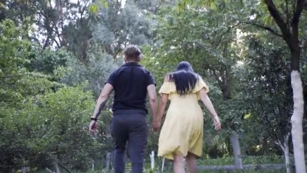 Schöner Kerl Und Hübsches Mädchen Spazieren Händchenhaltend Durch Den Wald — Stockvideo