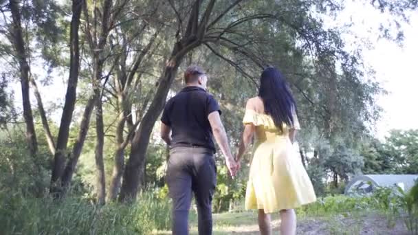 英俊的小伙子和漂亮的姑娘手牵着手穿过湖边的树林 — 图库视频影像