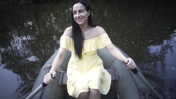 Beautiful Girl Swims Rubber Boat Lake Evening — Stock Video