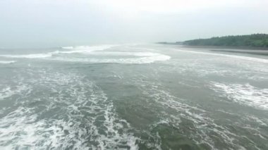 Plajın güzel hava manzarası Tropikal ormanın siyah kumlarıyla