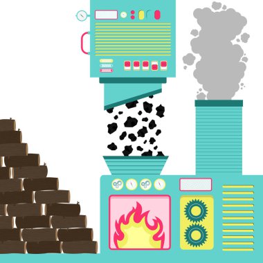 Wood incineration plant. Machines with furnace incinerating coal. Wooden trunks turned into charcoal. Smoke from the burning coming out of the chimney. clipart