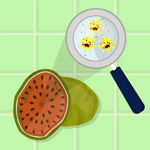 Watermeloen Besmet Met Cartoon Microben Worden Gereinigd Gewassen Een Keuken — Stockvector