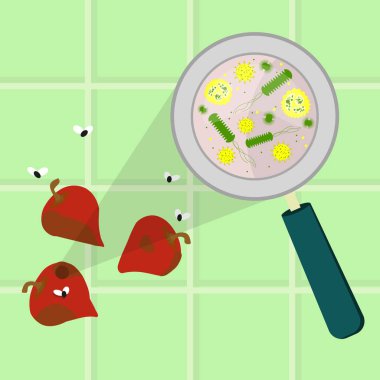 Contaminated pepper pout. Microorganisms, virus and bacteria in the rotten and spoiled bell pepper enlarged by a magnifying glass. Tiles in the background.