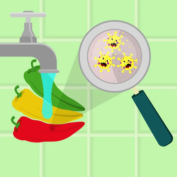 漫画の微生物で汚染された唐辛子は 台所で洗浄し 洗浄しています 微生物 ウイルスや野菜の細菌は 虫眼鏡で拡大しました 水道水を走らせている 怒っている微生物漫画 — ストックベクタ
