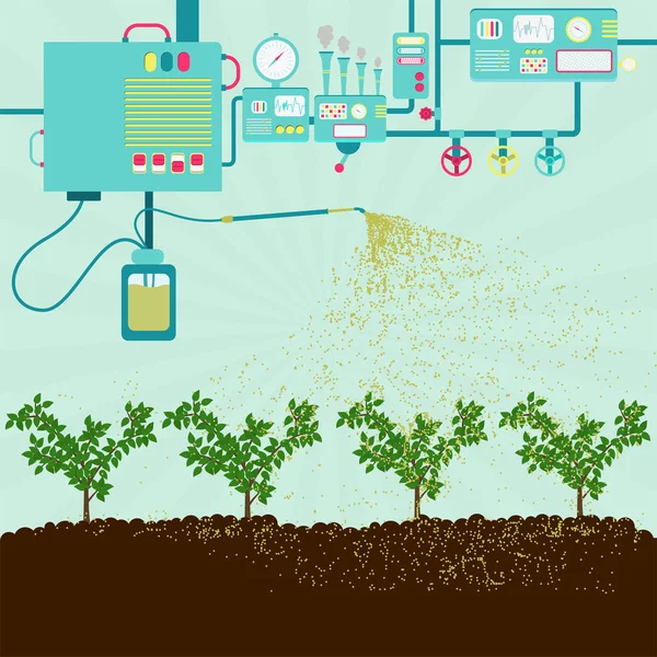 生产农业用农药 工业机器生产农药 在种植园喷洒 农药污染土壤 — 图库矢量图片
