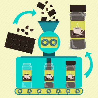 Kahve ve çikolata tozu serisi üretimi. Konserve kahve ve çikolata tozu fabrikası. Çikolata ve taze fasulye kahve işleniyor ve zemin. Ambalaj kahve ve çikolata tozu.