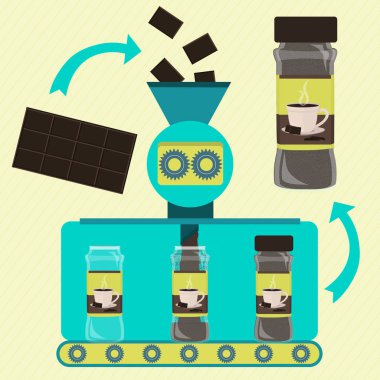 Çikolata tozu serisi üretimi. Konserve çikolata tozu fabrikası. Çikolata işleniyor. Çikolata tozu ambalajı. Ambalajüzerine basılmış bir fincan sıcak çikolata.