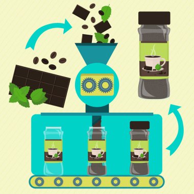 Nane serisi üretimi ile kahve ve çikolata tozu. Konserve kahve ve naneli çikolata tozu fabrikası. Nane yaprağı, çikolata ve taze fasulye kahve işlenir ve öğütülmektedir. Ambalaj ürünü.