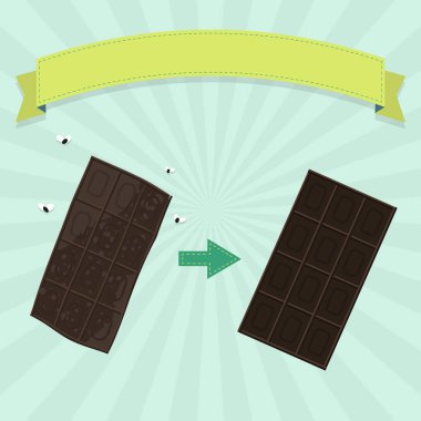 Sinekli çürük çikolata ve taze çikolata. Ekleme metni için boş şerit.