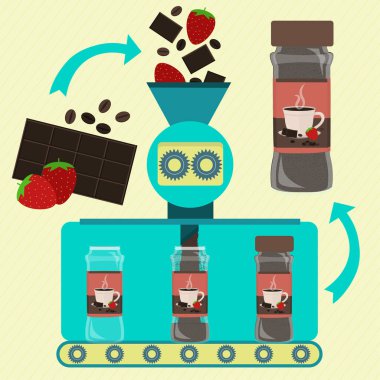 Çilek ve kahve tozu serisi serisi üretimi ile sıcak çikolata. Konserve kahve, çikolata ve çilek tozu fabrikası. Çilek meyve, çikolata ve taze fasulye kahve işlenir ve zemin. Ambalaj tozu.