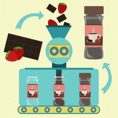 Çilek tozu serisi üretimi ile sıcak çikolata. Çilek tozu ile konserve sıcak çikolata Fabrikası. Çikolata ve çilek işleniyor. Ambalajın üzerine basılmış bardak.