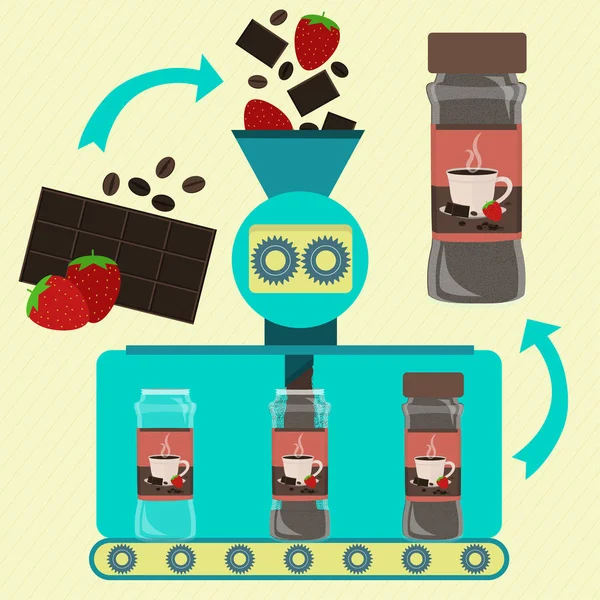 イチゴとコーヒーパウダーラインシリーズのホットチョコレート 缶コーヒー チョコレート イチゴパウダーの工場 イチゴフルーツ チョコレートバー 新鮮な豆のコーヒーが加工され 粉砕されています 梱包パウダー — ストックベクタ