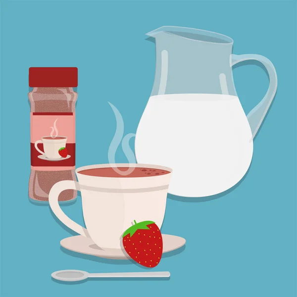 Jug of milk, cup of hot strawberry drink and strawberry powder packing. Spoon in front of the cup. Blue backgroung.