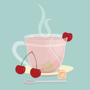 Bir fincan vişne çayı. Tabakta kiraz grubu ile çay poşeti. İçkinin üstündesigara. Bardak önünde Kaşık.