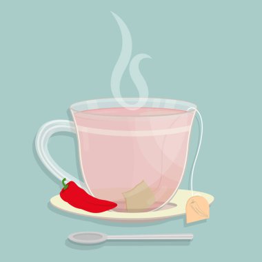 Bir fincan kırmızı biber çayı. Tabakta kırmızı biberli çay poşeti. İçkinin üstündesigara. Bardak önünde Kaşık.