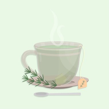 Bir fincan biberiye çayı. Tabakta biberiye dalı ile çay poşeti. İçkinin üstündesigara. Bardak önünde Kaşık.