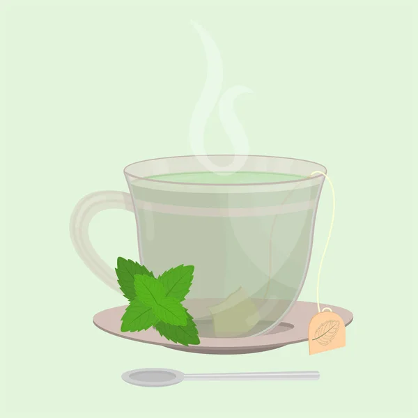Чашку Мятного Чая Чайный Пакетик Мятой Блюдце Дым Стакане Ложка — стоковый вектор