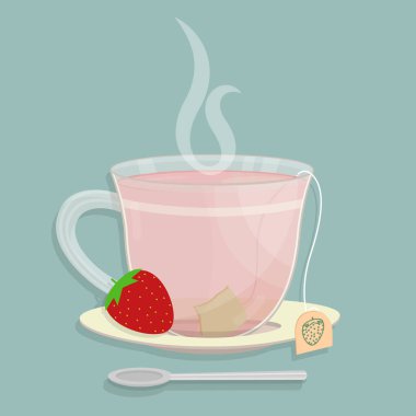 Bir fincan çilek çayı. Tabakta çilekli çay poşeti. İçkinin üstündesigara. Bardak önünde Kaşık.