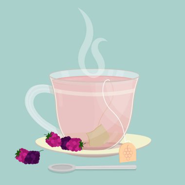 Bir fincan ahududu ve böğürtlen çayı. Tabakta ahududu ve böğürtlenli çay poşeti. İçkinin üstündesigara. Bardak önünde Kaşık.