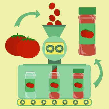 Domates tozu hattı serisi üretim. Domates tozu fabrikası. Taze domates işlenmiş. Şişe domates tozu.