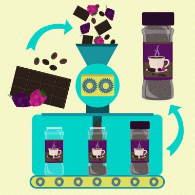 Kahve ve çilek serisi serisi üretimi ile çikolata tozu. Ahududu ve böğürtlen ile konserve kahve ve çikolata tozu Fabrikası. Berry meyve, çikolata bar ve taze fasulye kahve işleniyor ve zemin. Ambalaj ürünü.