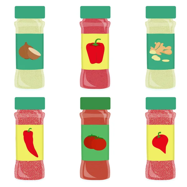 Ensemble Pot Condiment Six Assaisonnements Poudre Oignon Paprika Ail Piment — Image vectorielle
