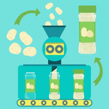 Patates tozu serisi serisi üretimi. Patates tozu fabrikası. Taze patates işleniyor. Şişelenmiş patates tozu.