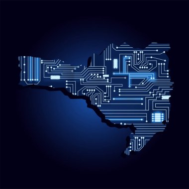Teknolojik elektronik devreile Santa Catarina kontur haritası. Brezilya eyaleti. Mavi arka plan.