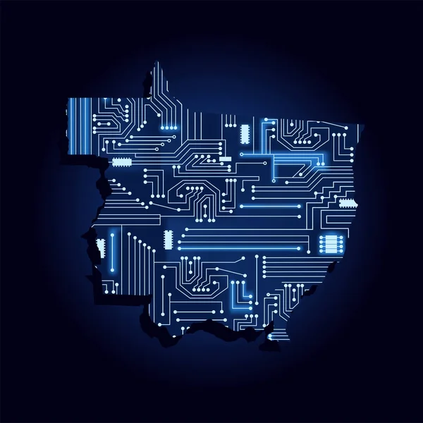 马托格罗索与技术电子电路的轮廓图 巴西州 蓝色背景 — 图库矢量图片
