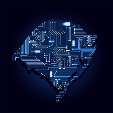 Teknolojik bir elektronik devre ile Rio Grande do Sul kontur haritası. Brezilya eyaleti. Mavi arka plan.